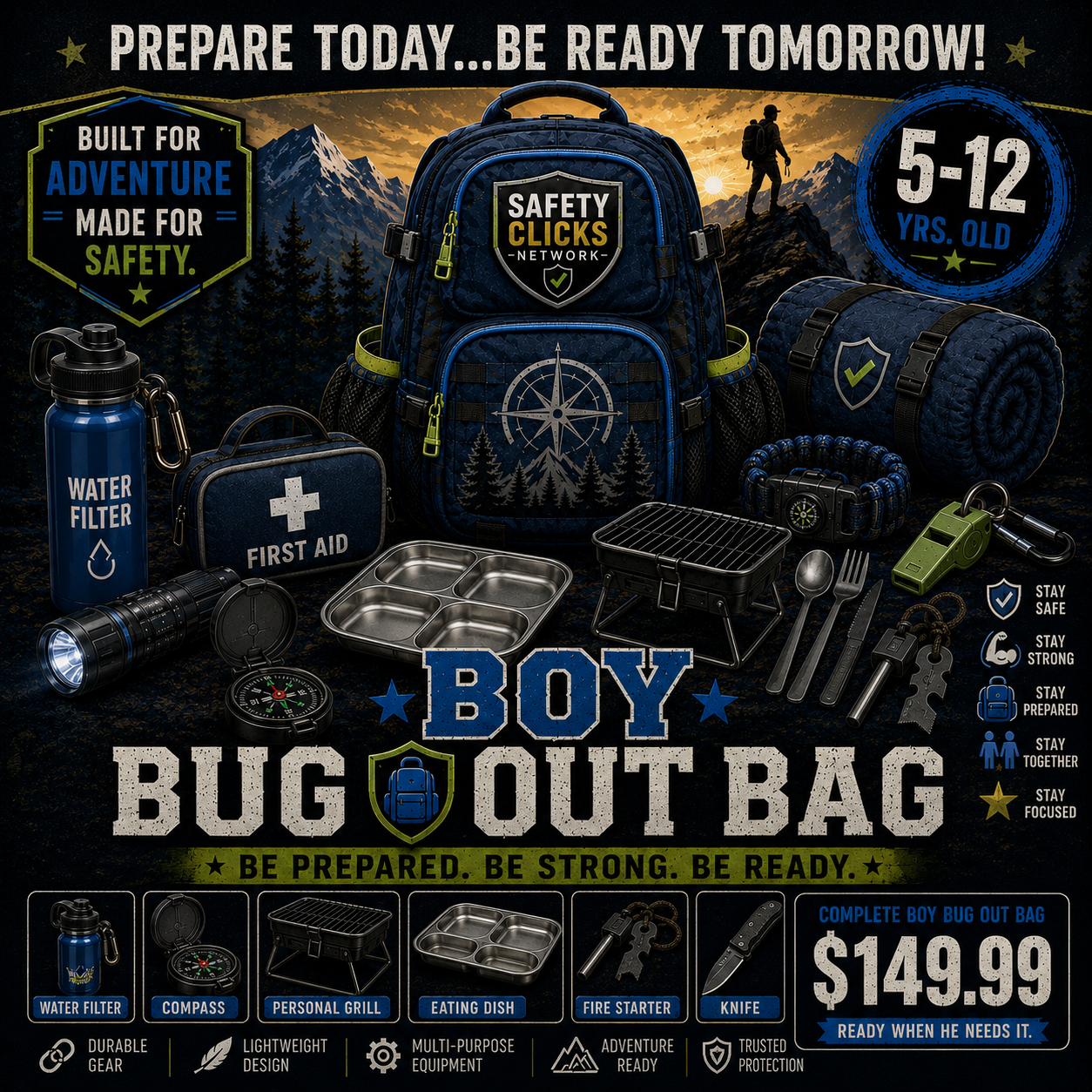 Boy Bug Out Bag — Adventure Emergency Preparedness Backpack (Ages 5–12)