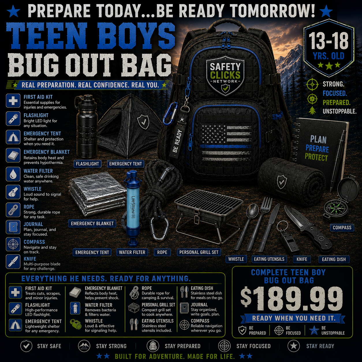 Teen Boys Bug Out Bag — Tactical Emergency Preparedness Backpack