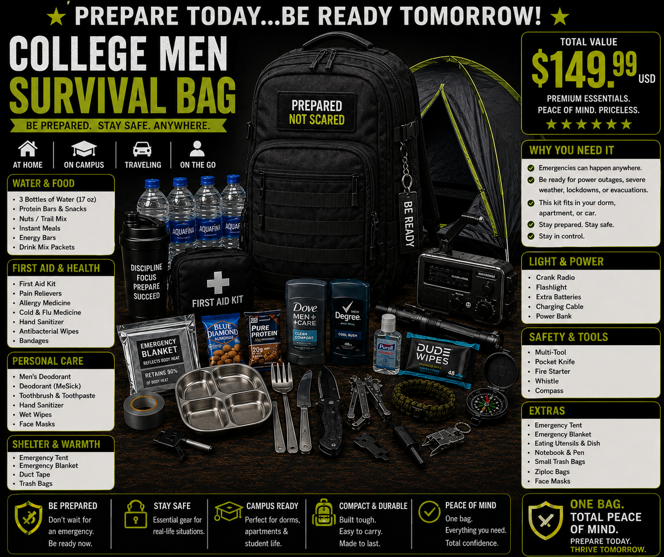 College Men Survival Bag — Tactical Emergency Preparedness Kit