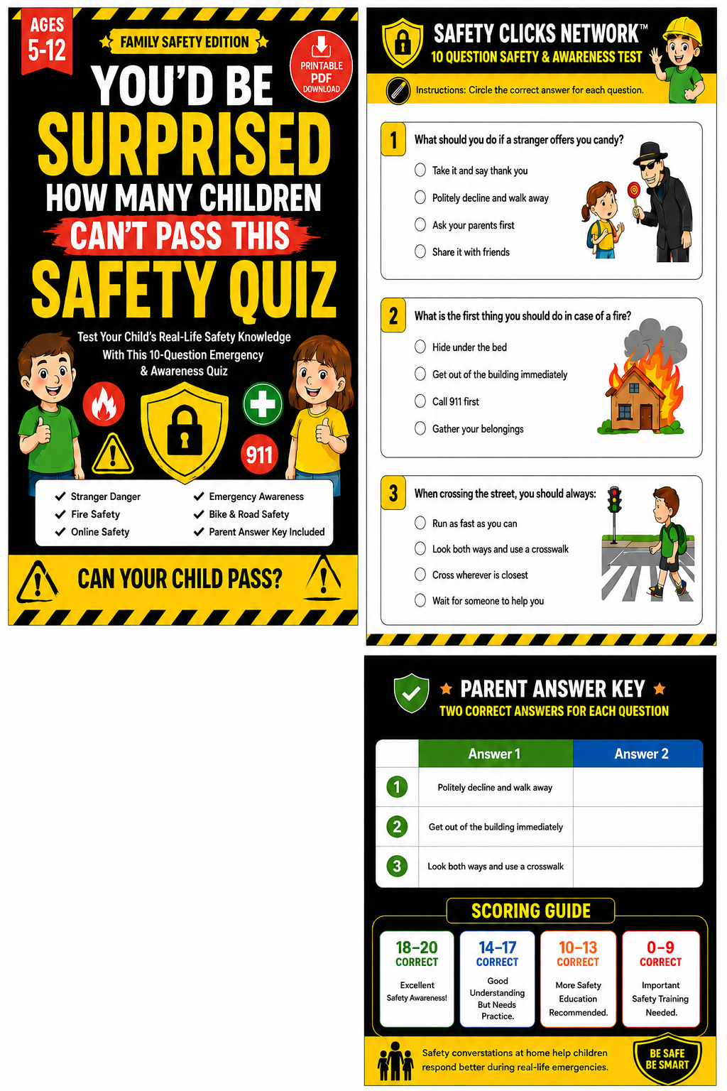 SAFETY CLICKS NETWORK™ — 10 Question Safety & Awareness Test Badge + 3 Safety Songs
